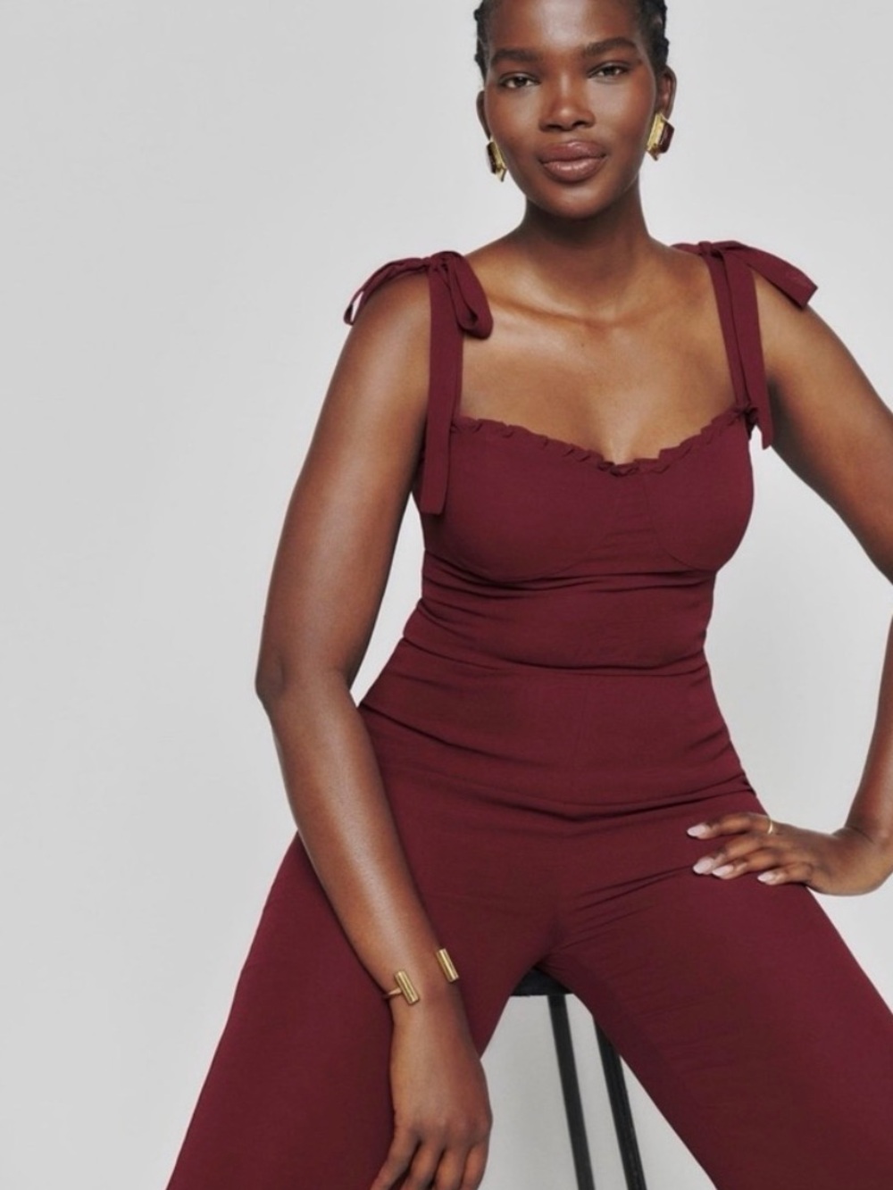 Reformation Alfred Burgundy Wine Tie-Shoulder Jumpsuit 2P petite